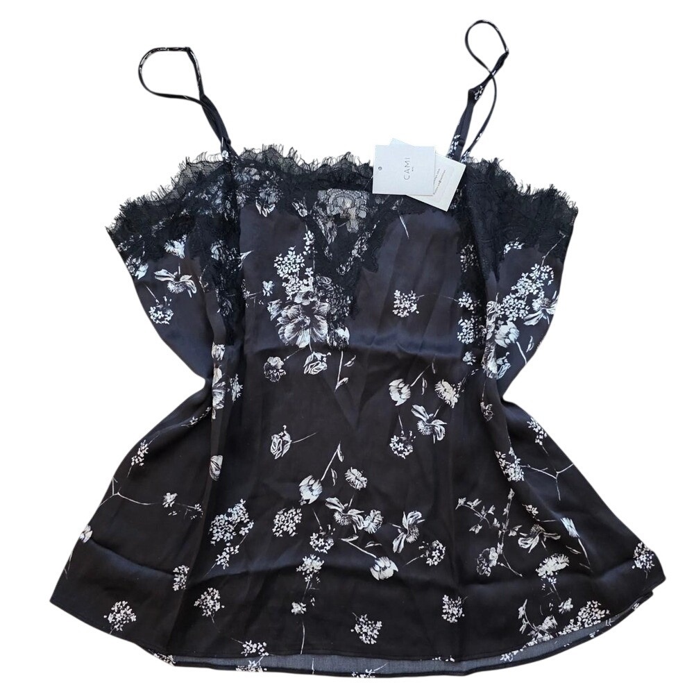 Coquette Black Floral Silk Lace Sweetheart Charmeuse Cami By CAMI NYC Size L